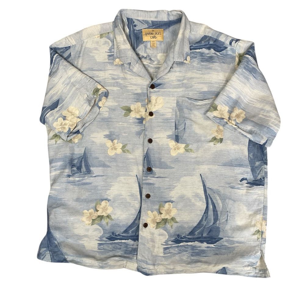 Havana Jack's Cafe Silk Hawaiian Shirt XXL Blue Floral Sailboat Beach Resort